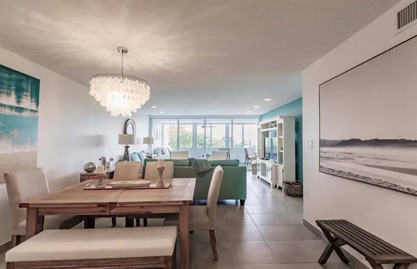 a view of a dining room with furniture window and outside view