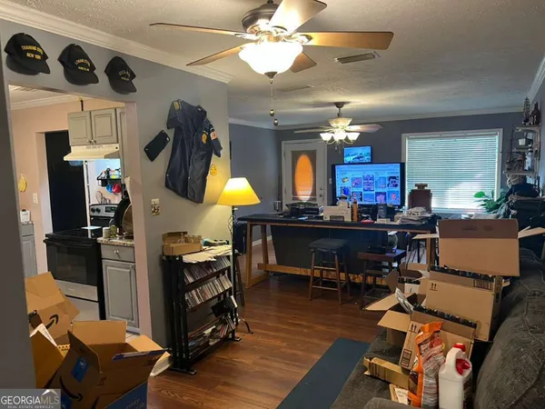 a view of a workspace with furniture and a kitchen