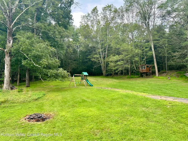 a view of a backyard with a slide