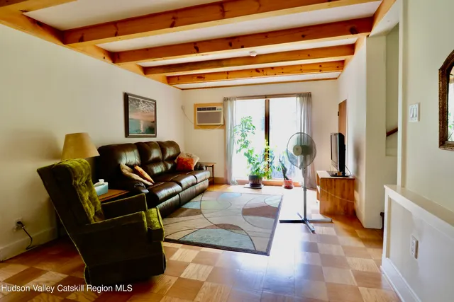 a living room with furniture and a potted plant