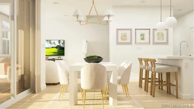 a dining room with furniture and window