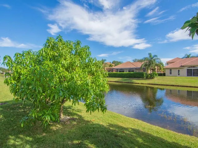 a view of a lake with houses in the back