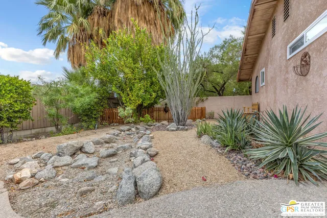 a wooden bench with view of palm trees