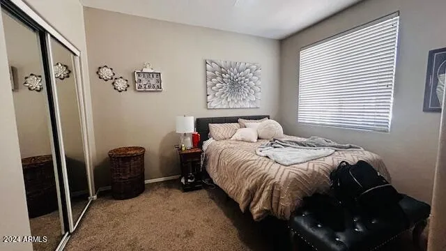 a bedroom with a bed and a closet