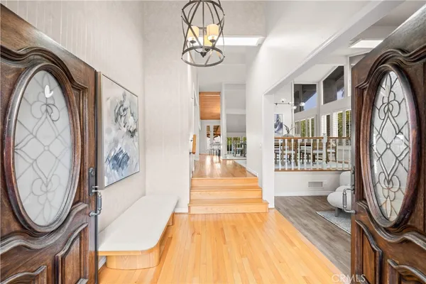 a view of a hallway with painted walls