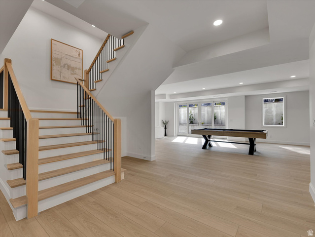 13216 Telemark Lane Draper, UT 84020 - Photo 29 of 41 Game room featuring light wood-style floors, recessed lighting, pool table, and french doors