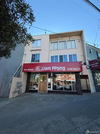 a view of a cafe with sitting area