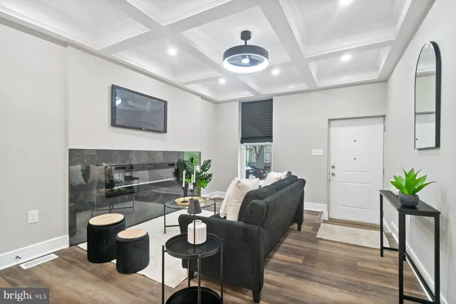 a living room with furniture and a potted plant