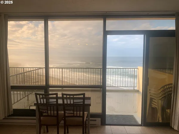 a view of a city from a dining room
