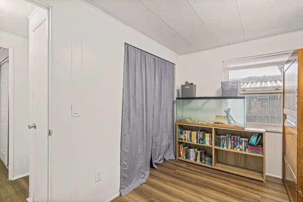a view of a room with shelves
