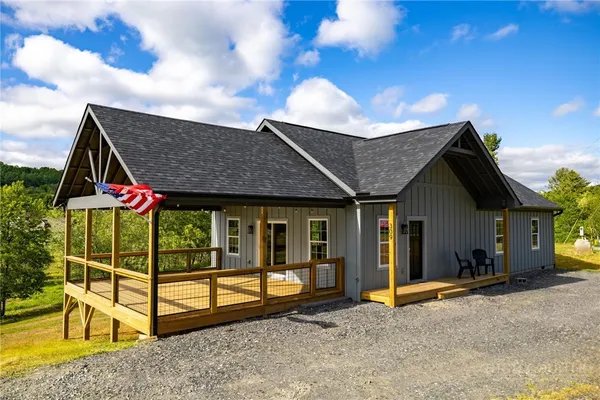 a view of house with a swimming pool and wooden fence