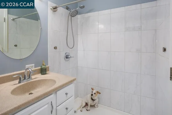 a bathroom with a sink vanity granite and shower