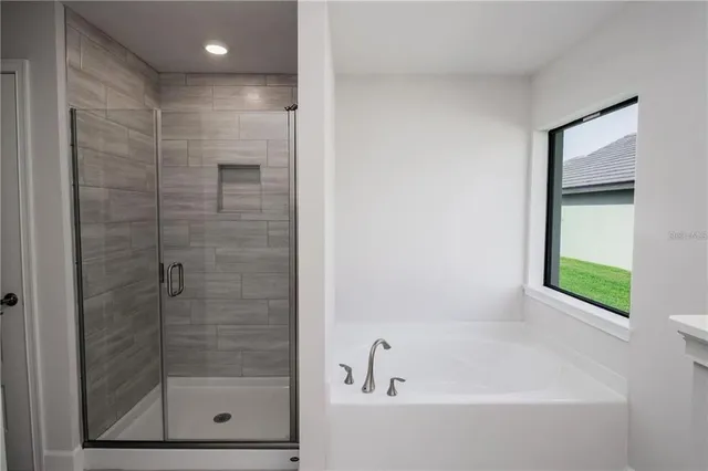a bathroom with a bathtub and a shower