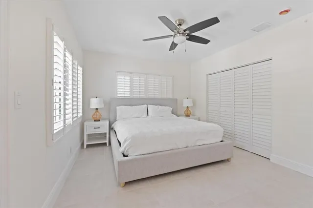 a spacious bedroom with a bed and a large window