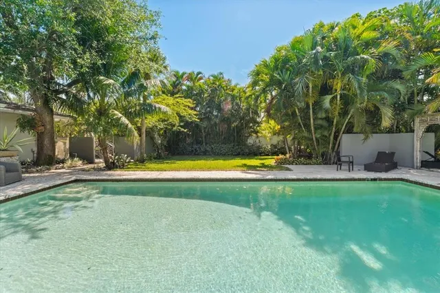 a view of a swimming pool and a yard