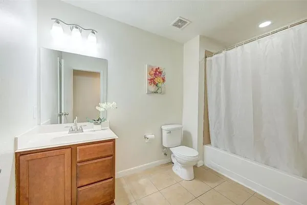 a bathroom with a sink a toilet and shower curtain