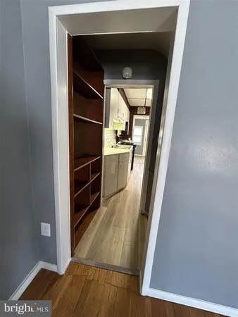 a view of a closet with wooden floor