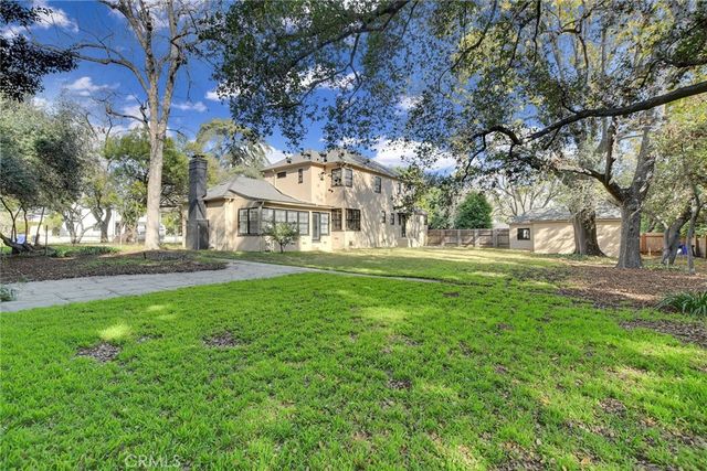a view of a park with large trees