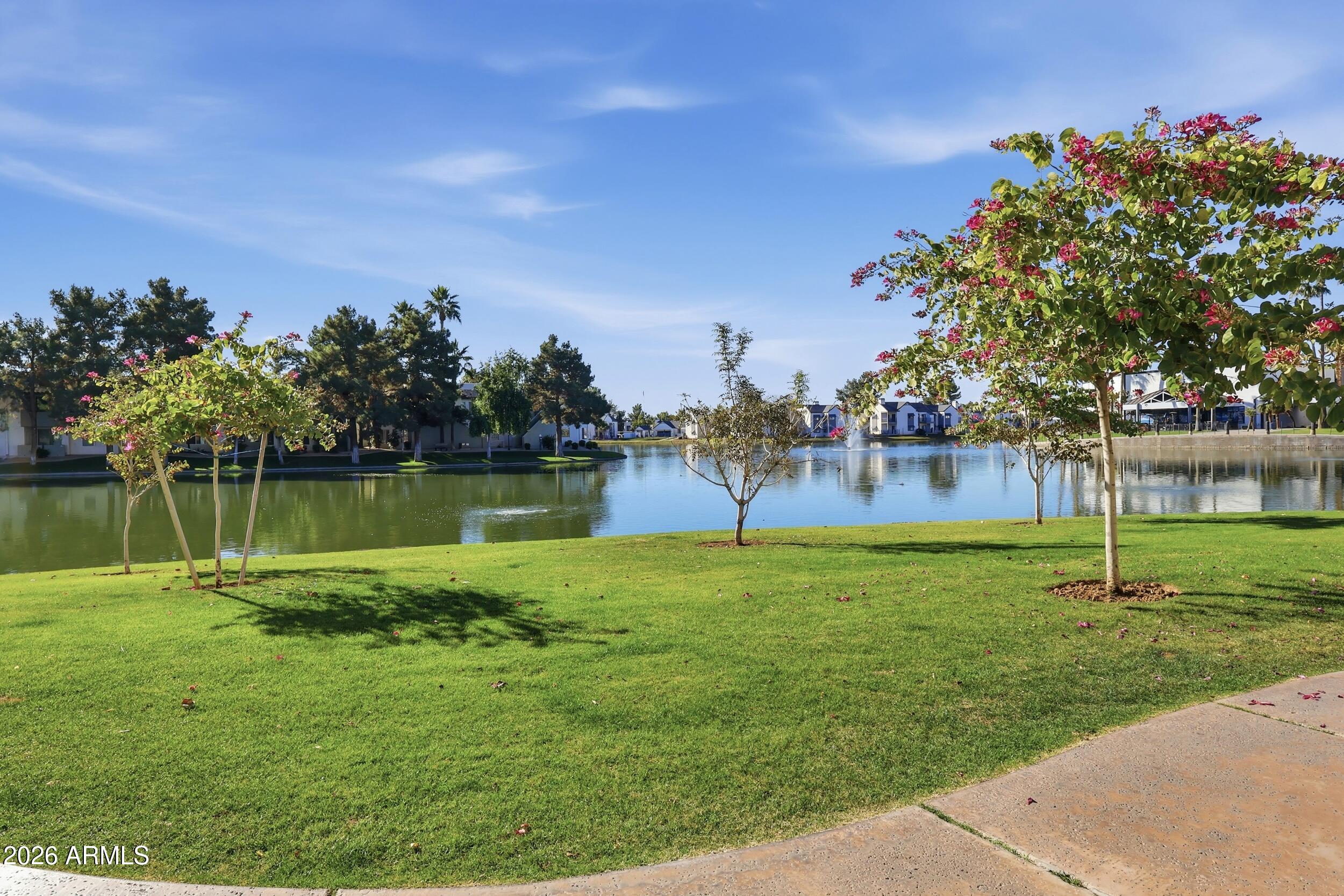1825 West Ray Road, Unit 1018 Chandler, AZ 85224 - Photo 32 of 46 a backyard of a house with lots of green space and lake view