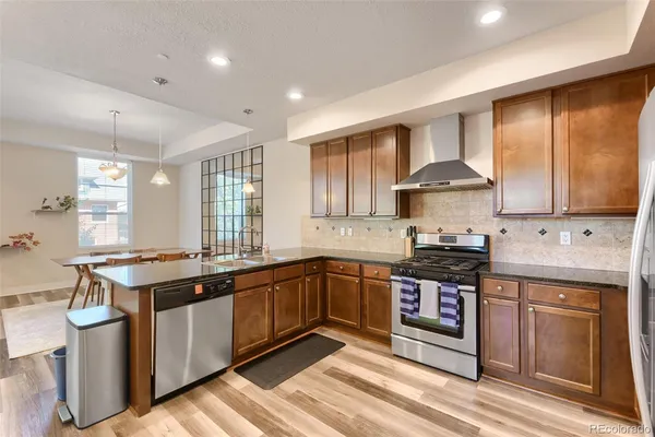 a kitchen with stainless steel appliances granite countertop a stove a sink dishwasher and a refrigerator