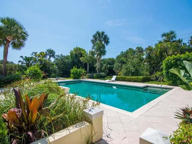 a view of a swimming pool with a yard and palm trees