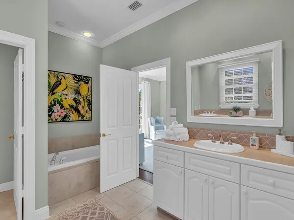 a bathroom with a sink a vanity and a bathtub