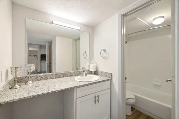 a bathroom with a granite countertop sink mirror toilet and bathtub