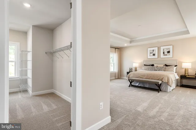 a spacious bedroom with a bed and a cabinets