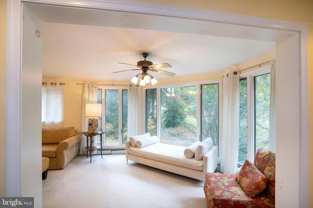 a living room with furniture and a large window with outer view