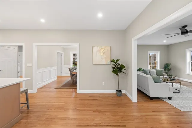a living room with furniture and a potted plant