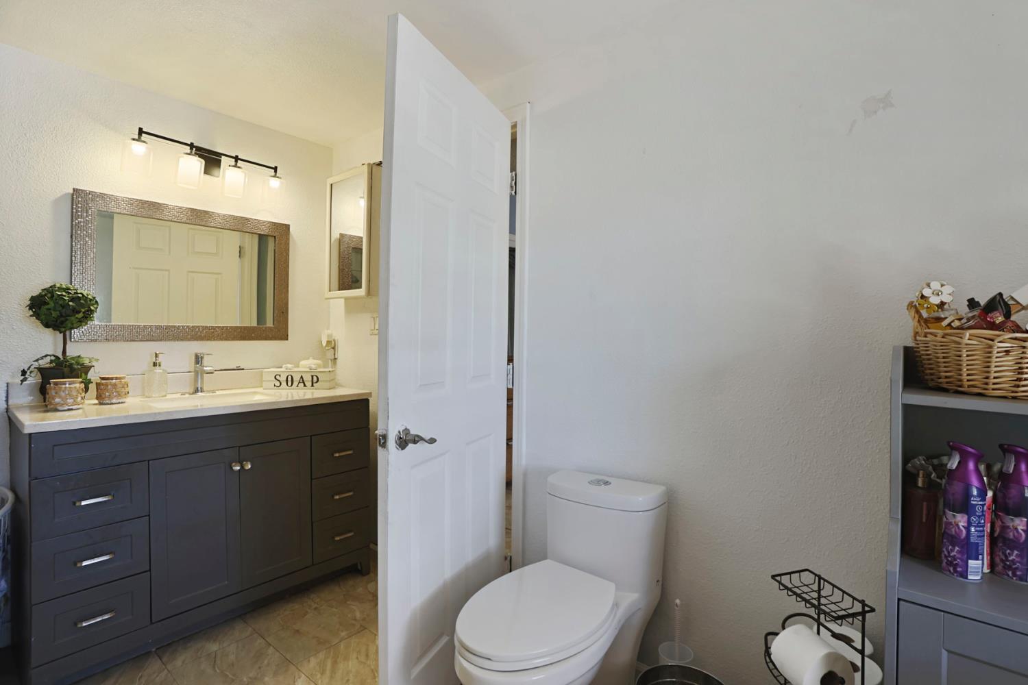 901 Quail Oaks Road Valley Springs, CA 95252 - Photo 20 of 59 a bathroom with a toilet a sink and mirror