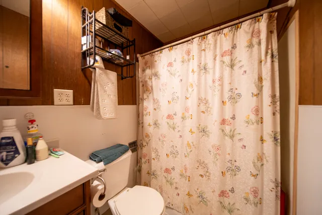a bathroom with a sink a toilet and shower curtain