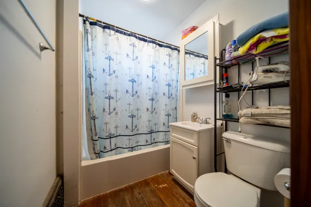 a bathroom with a sink a toilet a mirror a vanity and shower