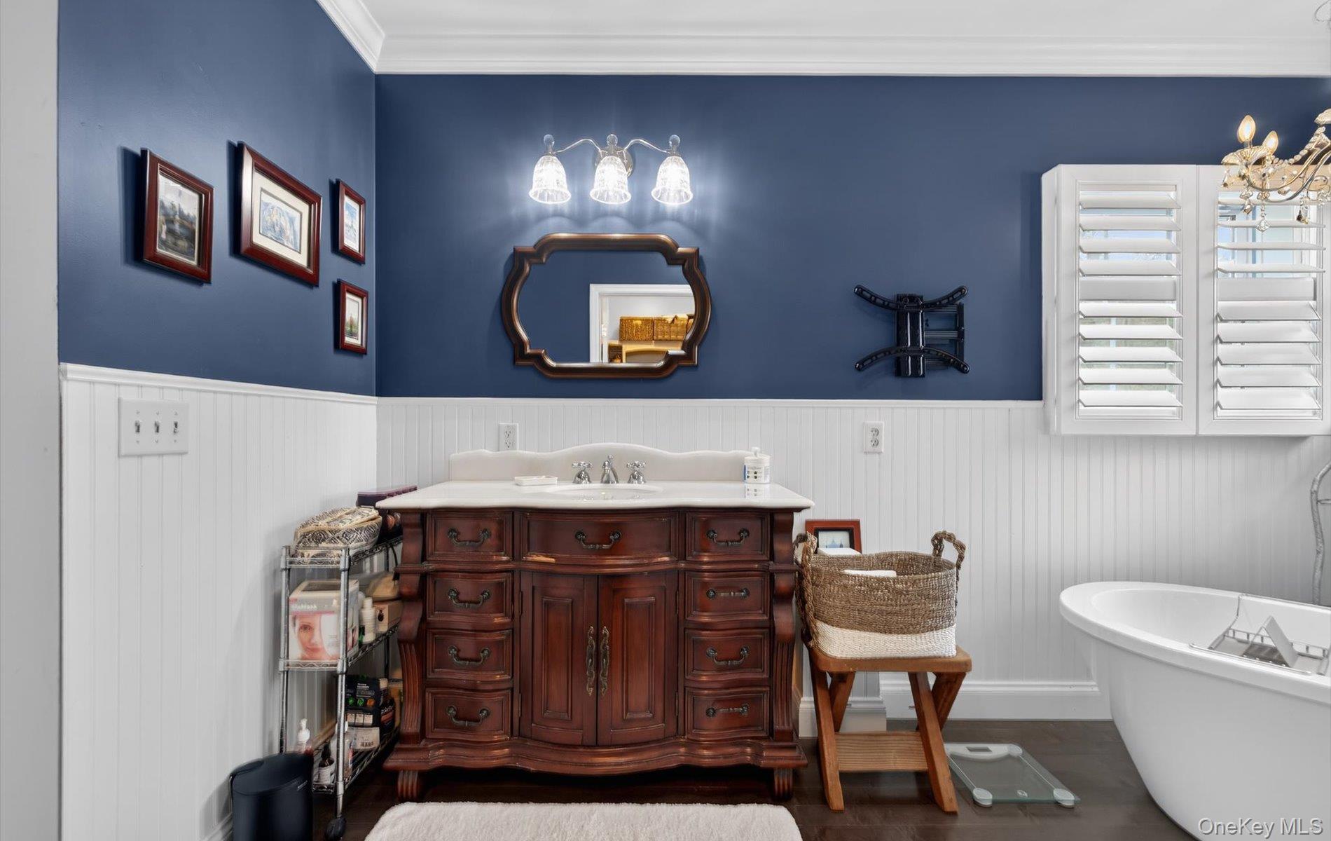 108 Awixa Avenue Bay Shore, NY 11706 - Photo 19 of 47 Full bathroom with vanity, a soaking tub, crown molding, dark wood-type flooring, and a wainscoted wall