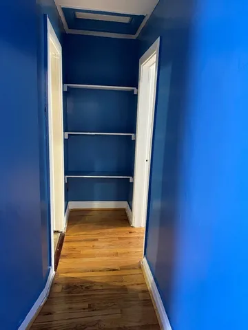 a view of walk in closet with wooden floor
