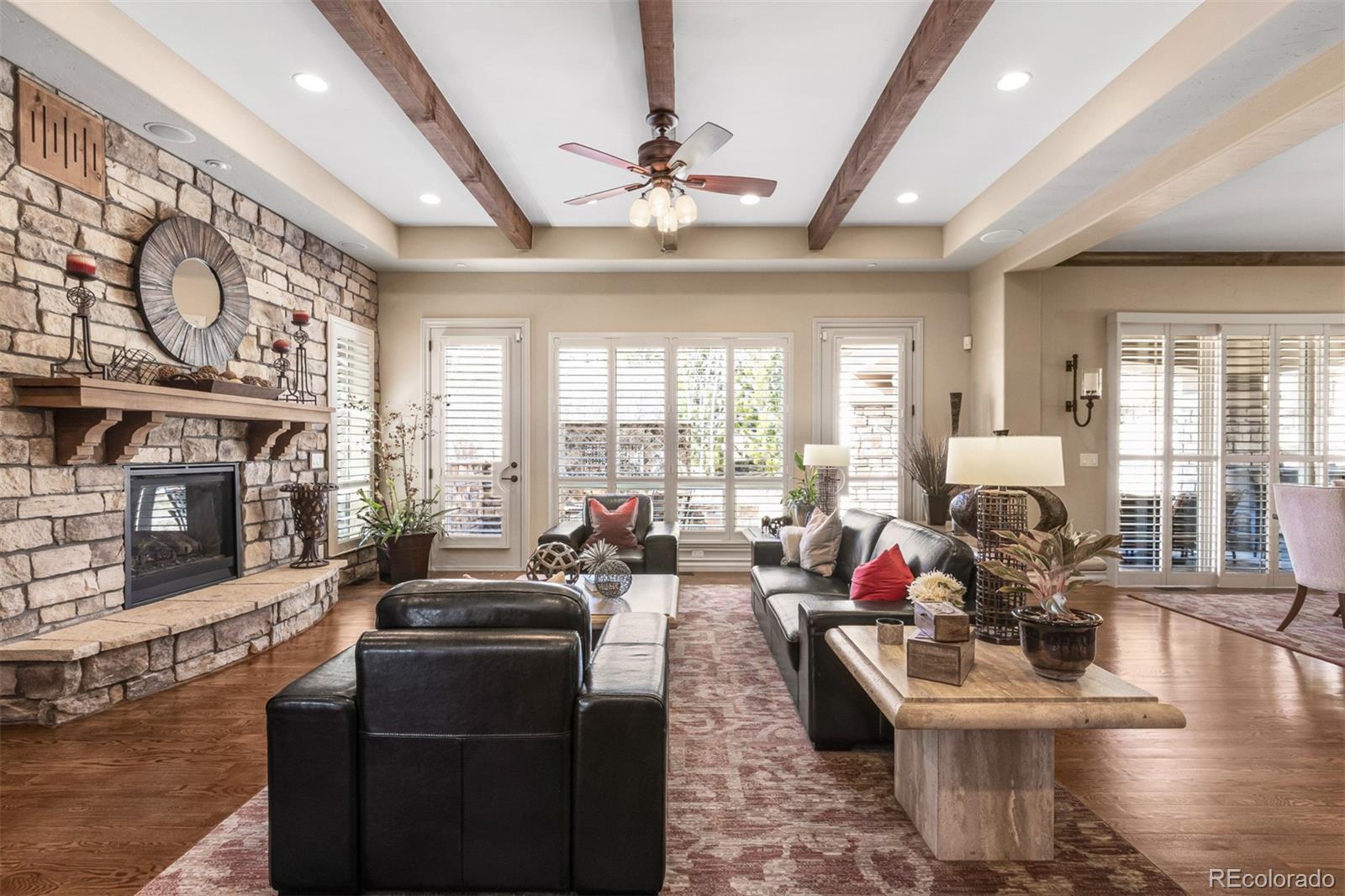 981 Buffalo Ridge Road Castle Pines, CO 80108 - Photo 4 of 39 a living room with fireplace furniture and a large window