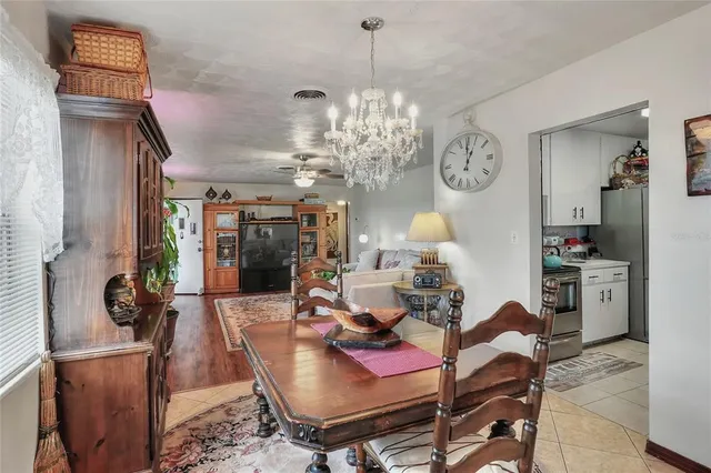 a view of a dining room with furniture