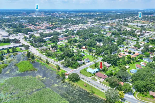 an aerial view of a swimming pool