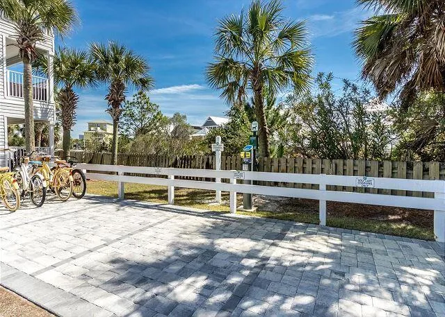 a view of a swimming pool with a bench and palm trees