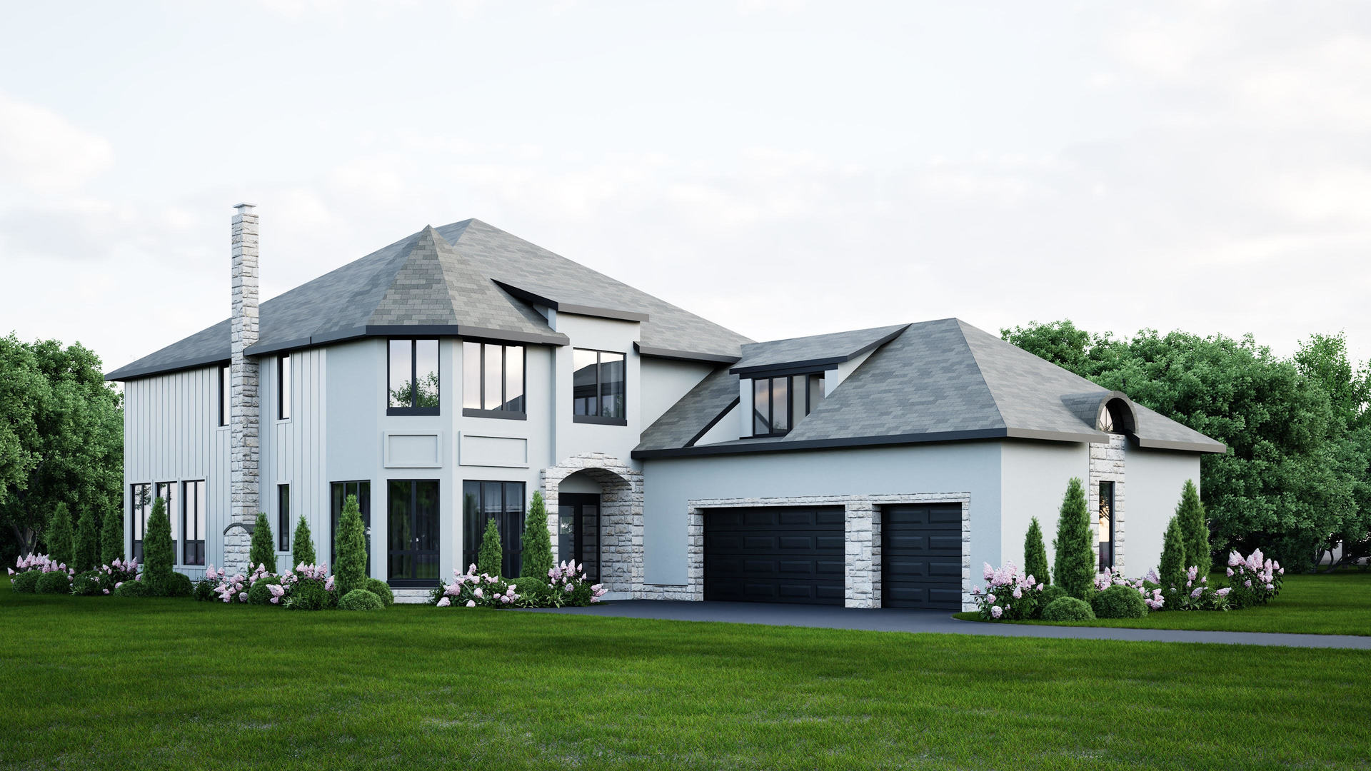 a front view of a house with a garden and yard