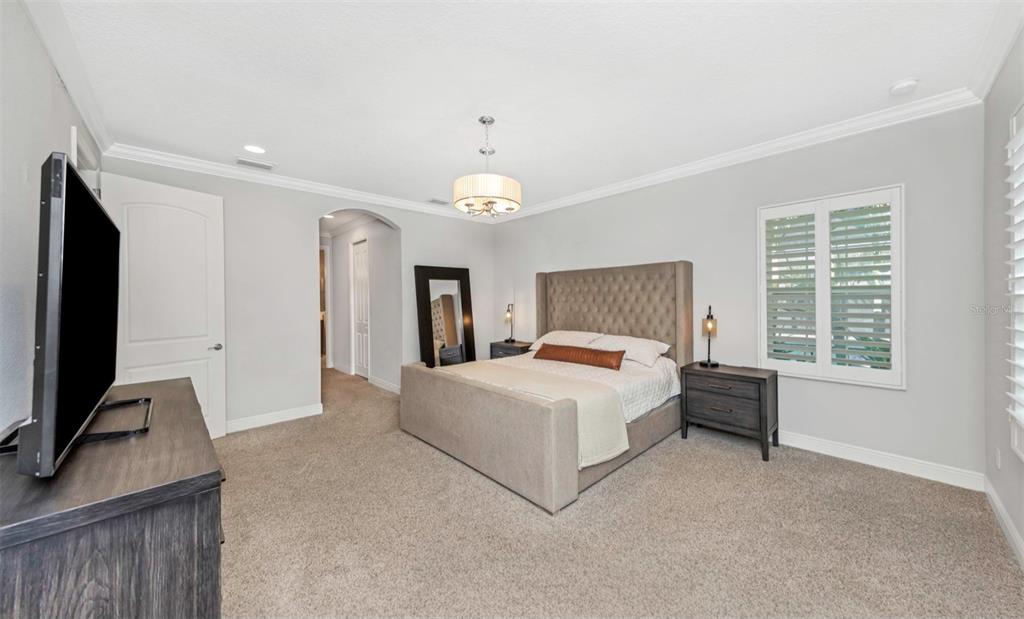 6916 Neopolitan Court Apollo Beach, FL 33572 - Photo 20 of 43 a spacious bedroom with a bed and a flat screen tv