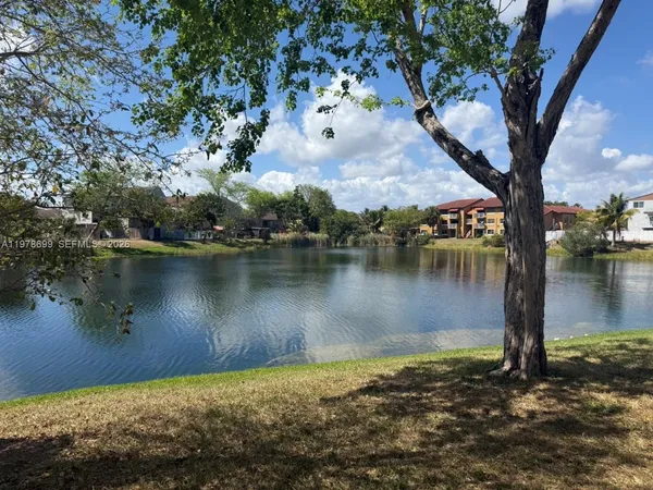 a view of a lake in between two trees
