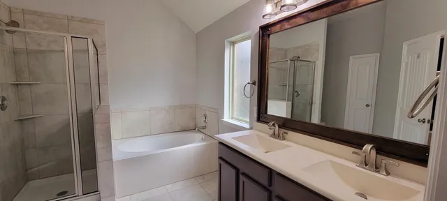 a bathroom with a tub sink and mirror