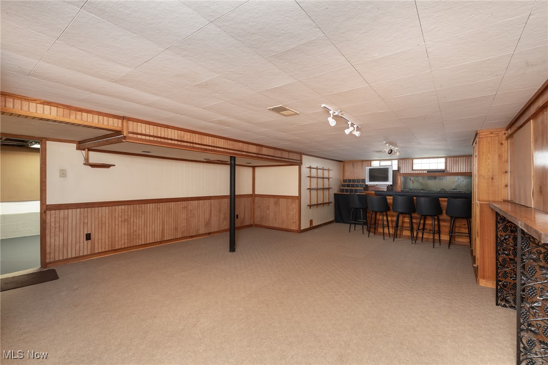 32003 Dickerson Road Willowick, OH 44095 - Photo 19 of 25 Basement with indoor bar, wooden walls, and light colored carpet