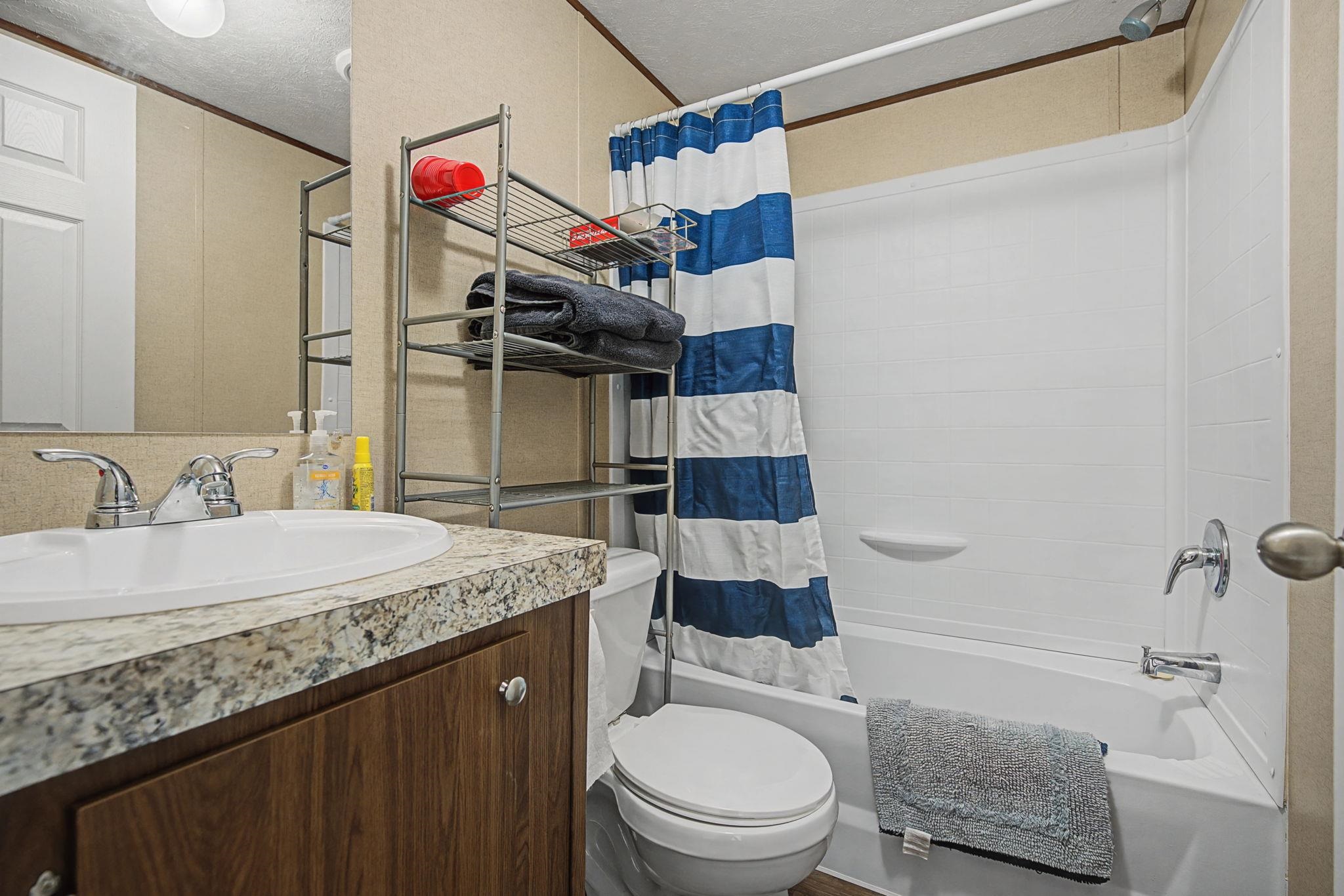 269 Clements Way Fruita, CO 81521 - Photo 12 of 20 a bathroom with a granite countertop sink a toilet and shower
