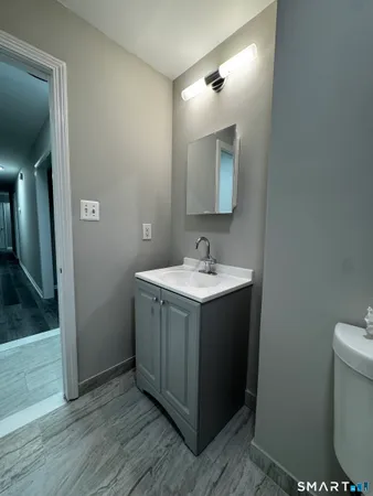 a bathroom with a sink vanity and mirror