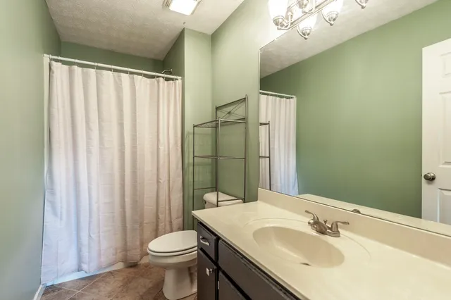 a bathroom with a sink a toilet and shower curtain