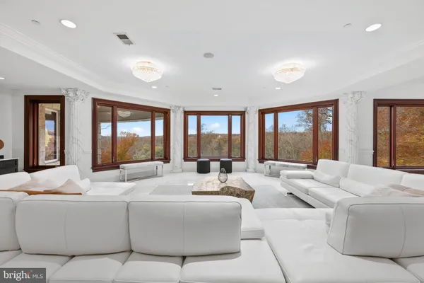 a living room with furniture floor to ceiling window and potted plant