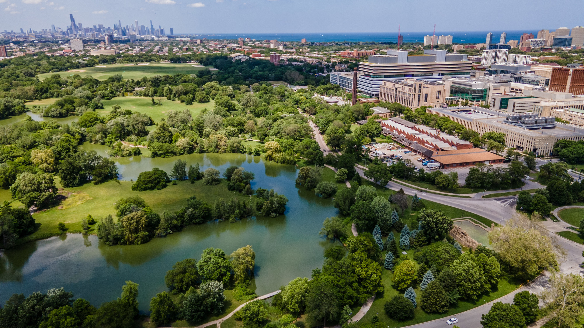 6049 South Champlain Avenue Chicago, IL 60637 - Photo 42 of 46 an aerial view of residential houses with outdoor space and swimming pool