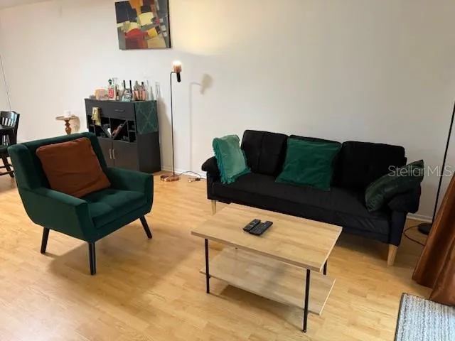 a living room with furniture and a mirror